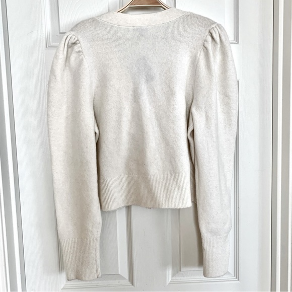 [⭐️ PRICE FIRM] EXPRESS Bow V-Neck Puff Shoulder Cardigan Sweater Ivory White L - Picture 10 of 12